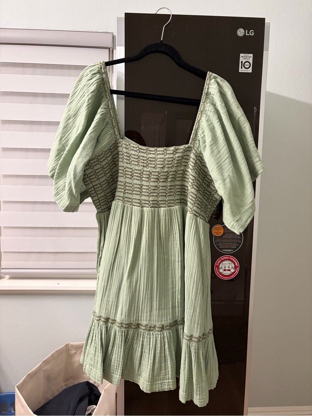 Free People Sage Green Smocked Puff-Sleeve Mini Dress